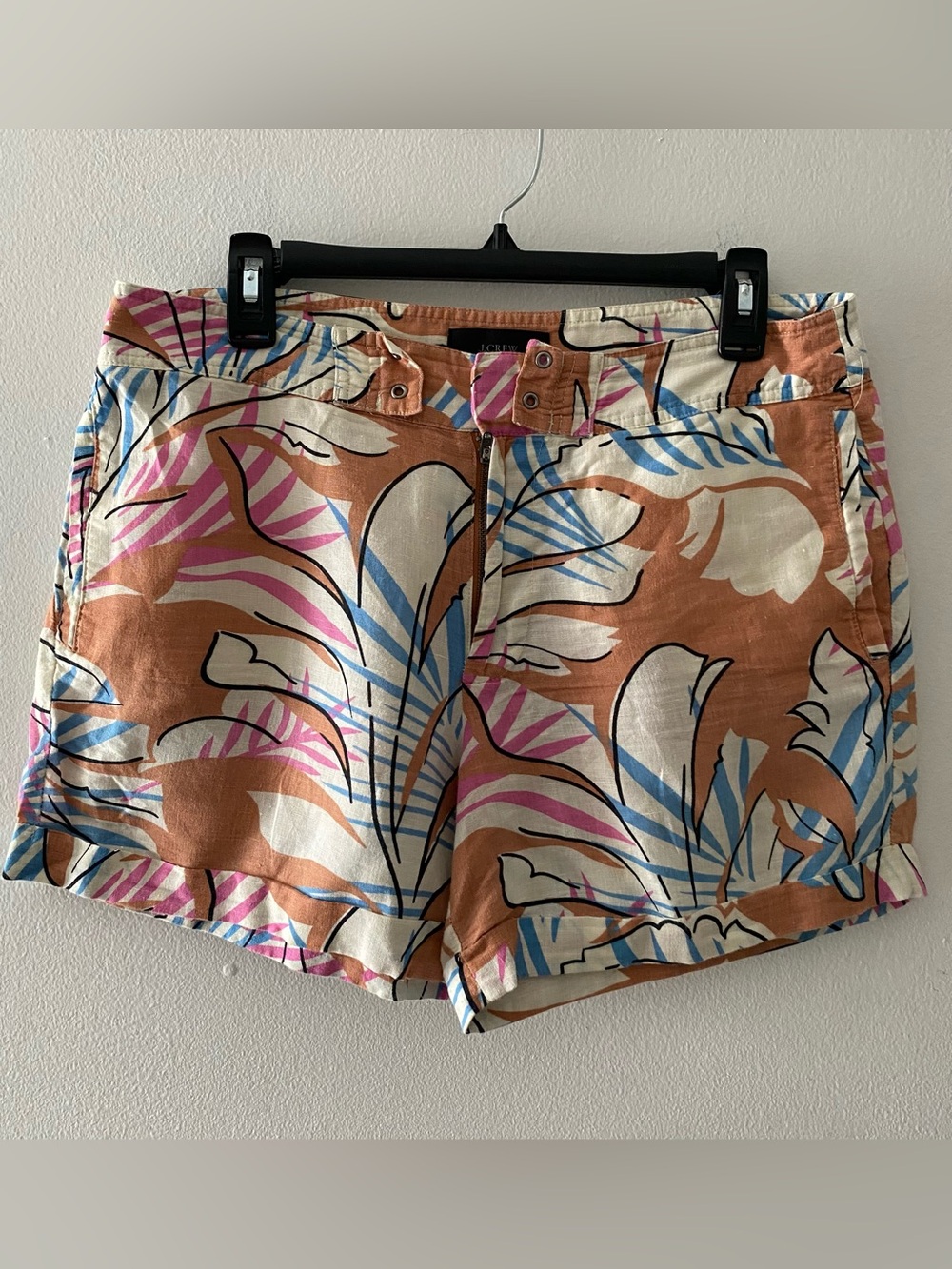 J. Crew Tropical-Print High-Waist Linen Blend Shorts in Tan, Pink & Blue Casual